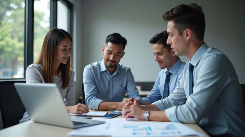 Diverse group of professionals collaborating in modern office setting with laptops and charts