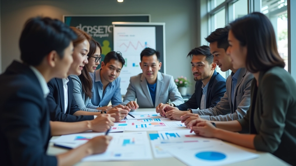 Diverse team of Malaysian professionals collaborating on workforce development projects and labour market analysis in modern office setting