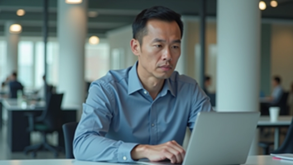 Professional photo of economist or labour analyst reviewing employment data on laptop, modern office setting with charts visible, natural lighting