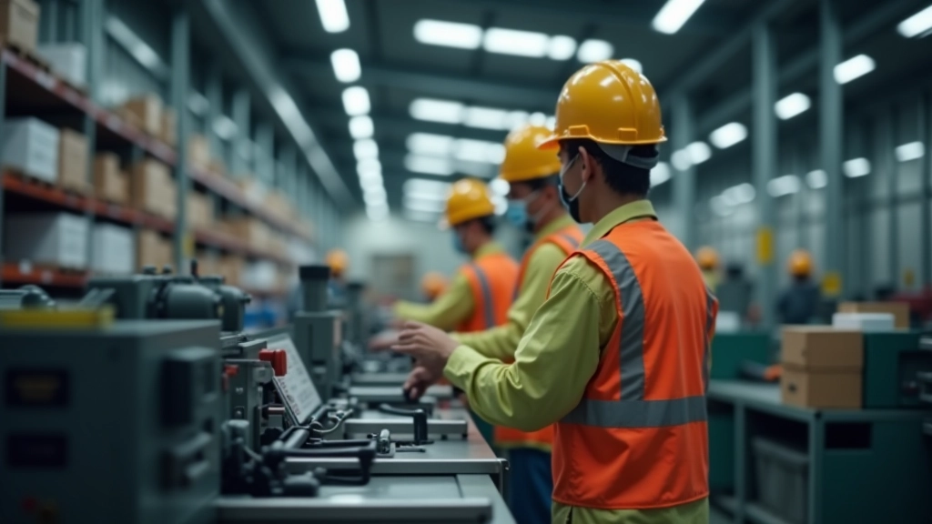 Manufacturing facility with workers operating machinery and automated systems, showing both human workers and automated equipment working together