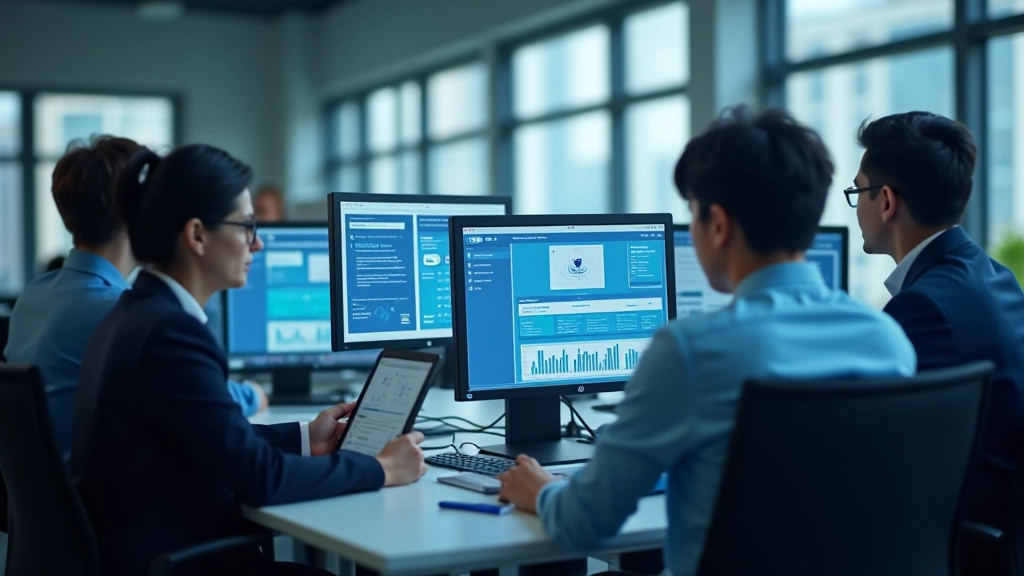 Modern office workspace with data analytics displays showing employment market research and labour statistics dashboards