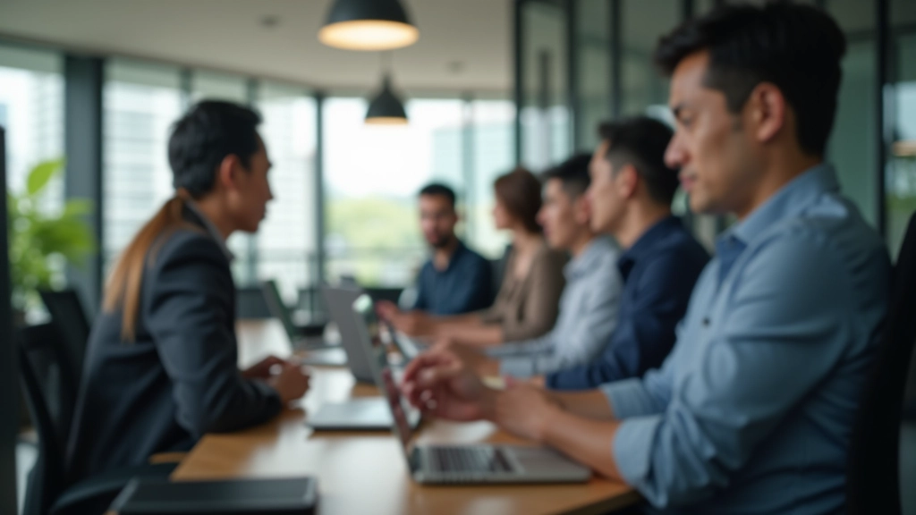 Modern office space with people working on laptops and mobile devices representing future of work