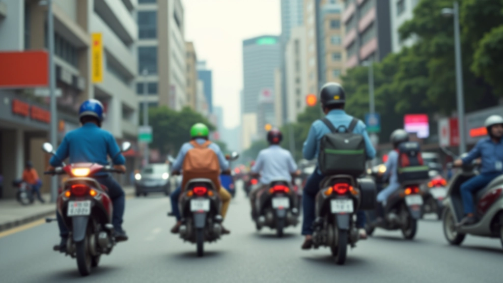 Urban street scene showing ride-sharing vehicles, delivery motorcycles, and busy traffic typical of gig economy work