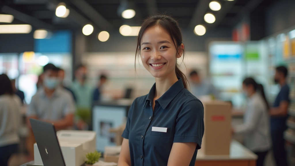 Young professional woman working at a retail checkout counter, wearing store uniform, smiling at customer, modern retail environment with product shelves in background
